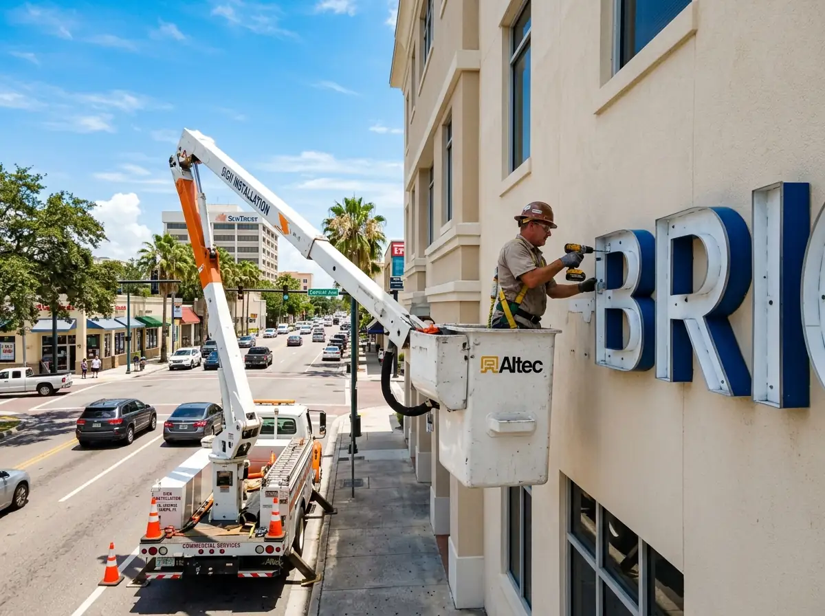 Bucket lift installer mounting channel letters on a building