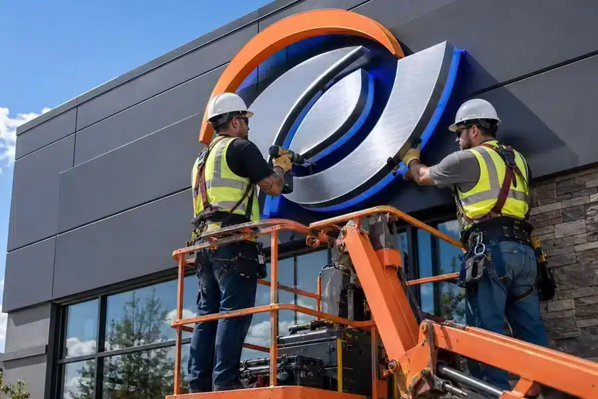 Crew installing a large illuminated logo sign from a lift