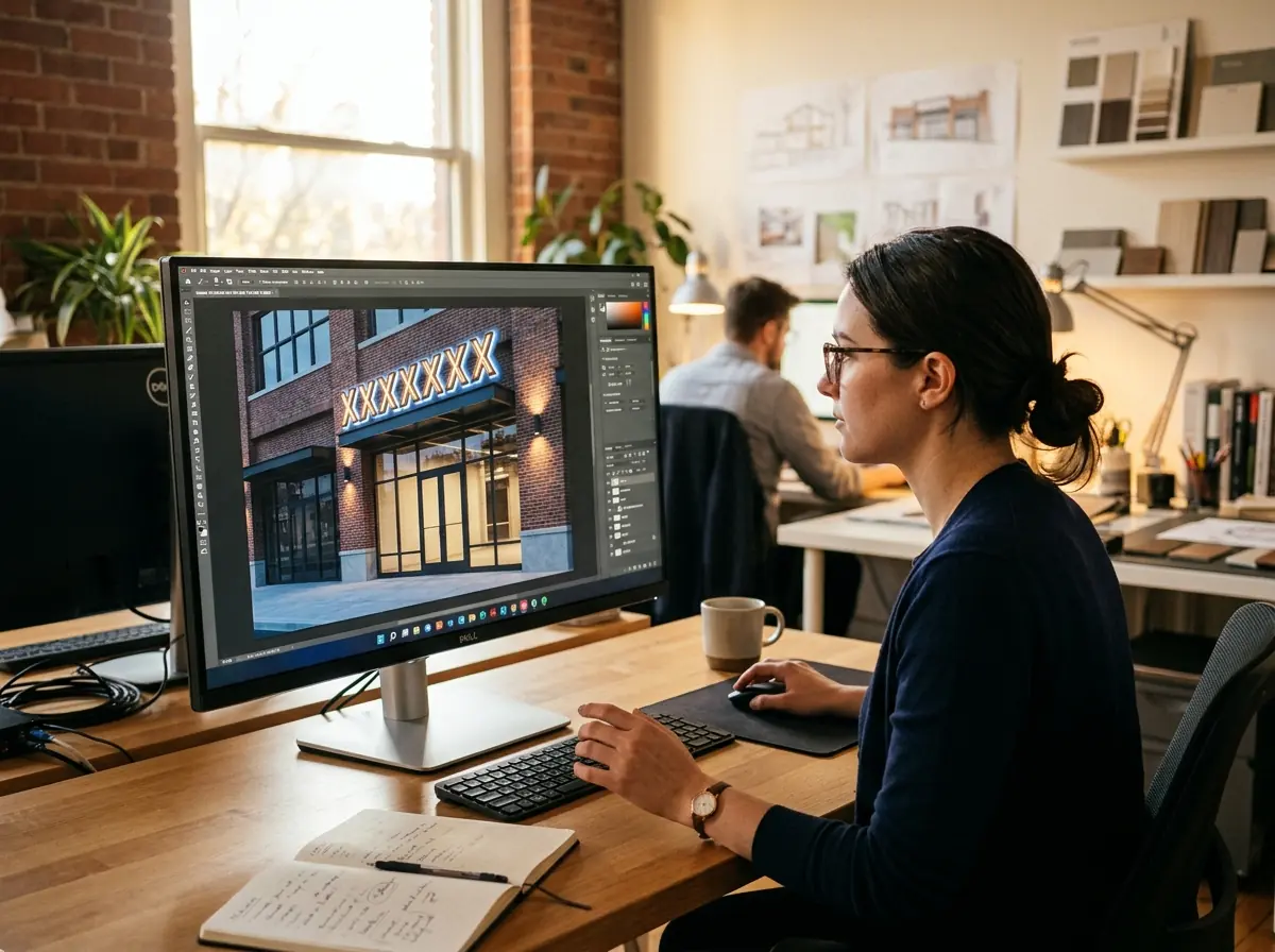 Designer reviewing a storefront sign concept on a monitor