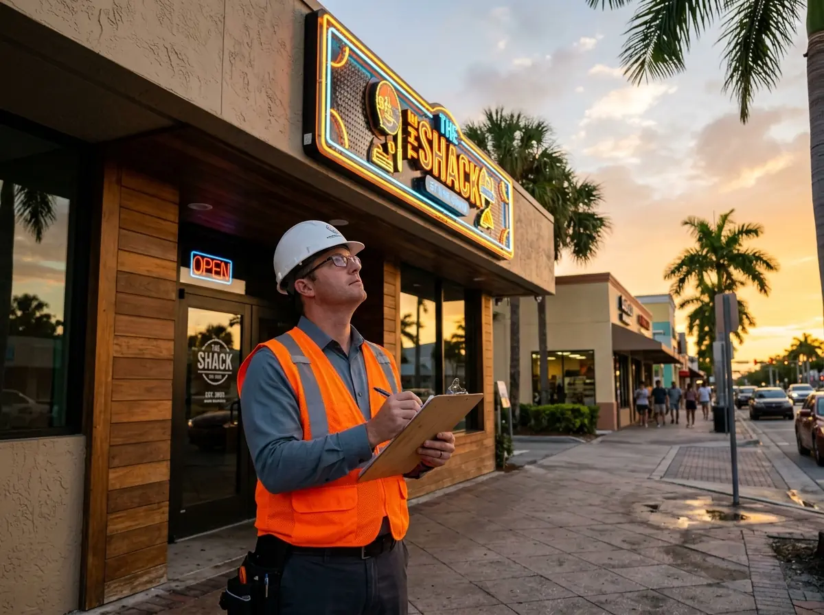 Inspector reviewing a checklist outside a storefront