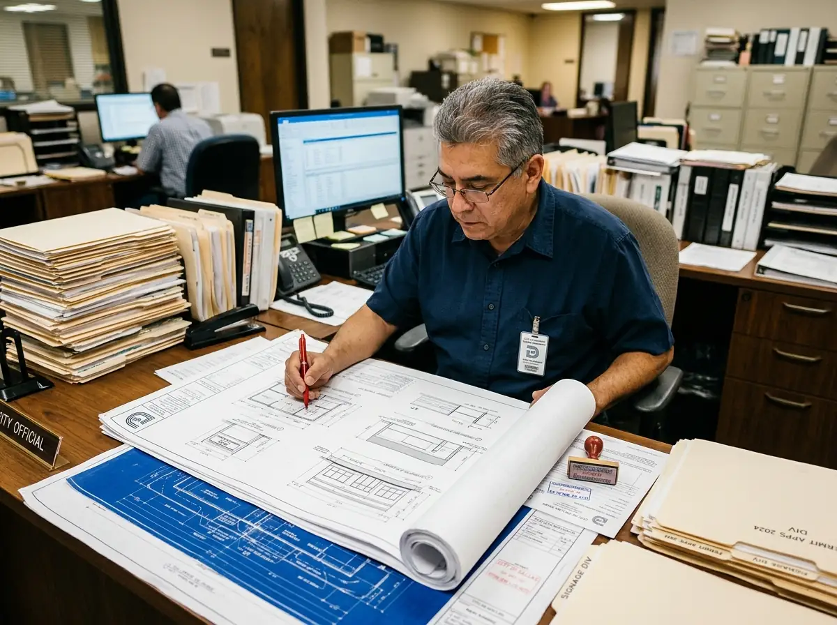 Permit processing office with blueprints on the desk